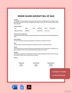 Rhode Island Aircraft/Airplane Bill Of Sale Template