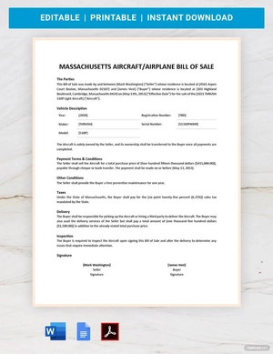 Massachusetts Aircraft / Airplane Bill of Sale Form Template
