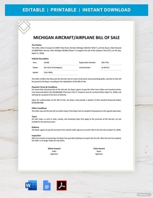Michigan Aircraft / Airplane Bill of Sale Template