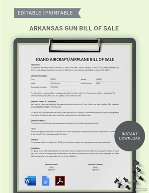 Idaho Aircraft / Airplane Bill of Sale Template