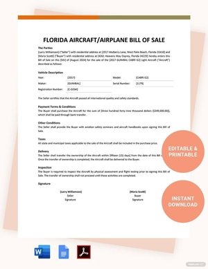 Florida Aircraft / Airplane Bill Of Sale Template