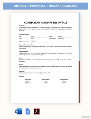 Connecticut Aircraft / Airplane Bill Of Sale Template