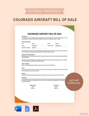 Colorado Aircraft / Airplane Bill Of Sale Template