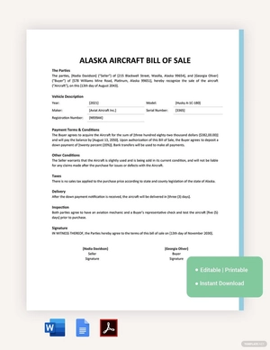 Alaska Aircraft / Airplane Bill Of Sale Template