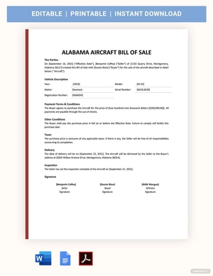 Alabama Aircraft / Airplane Bill Of Sale Template