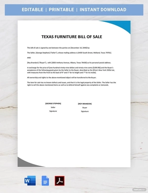 Texas Furniture Bill of Sale Template