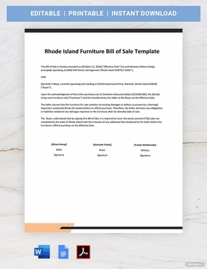 Rhode Island Furniture Bill of Sale Template