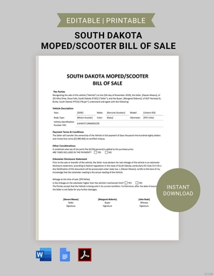 South Dakota Moped / Scooter Bill of Sale Form Template