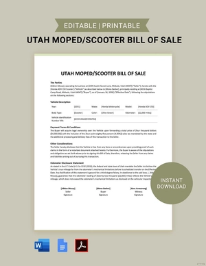 Utah Moped / Scooter Bill of Sale Template