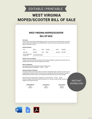 West Virginia Moped / Scooter Bill of Sale Template