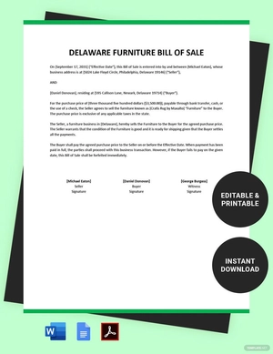Delaware Furniture Bill Of Sale Template
