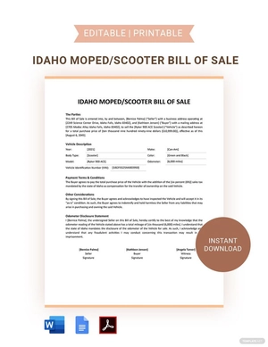 Idaho Moped / Scooter Bill Of Sale Template