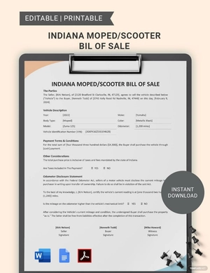 Indiana Moped / Scooter Bill Of Sale Template