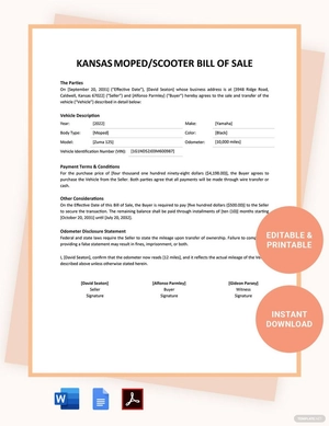 Kansas Moped / Scooter Bill Of Sale Template