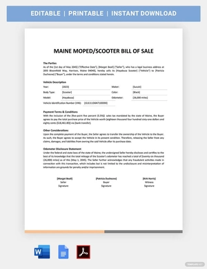 Maine Moped / Scooter Bill Of Sale Template
