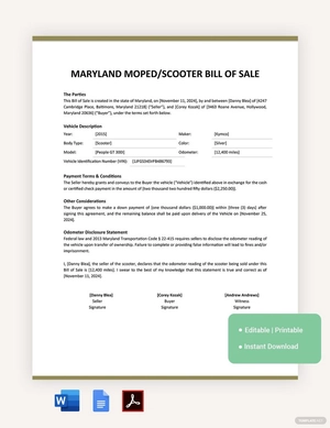 Maryland Moped / Scooter Bill Of Sale Template