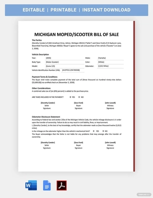 Michigan Moped / Scooter Bill Of Sale Template