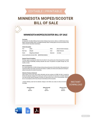 Minnesota Moped / Scooter Bill Of Sale Template