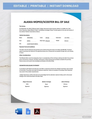 Alaska Moped / Scooter Bill Of Sale Template