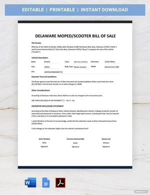 Delaware Moped / Scooter Bill of Sale Template