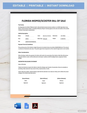 Florida Moped / Scooter Bill Of Sale Template