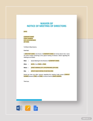 Waiver of Notice of Meeting of Directors Template