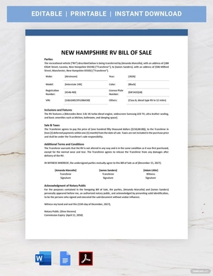 New Hampshire RV Bill of Sale Template