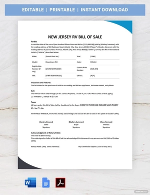 New Jersey RV Bill of Sale Template