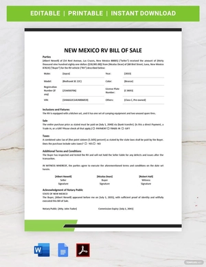 New Mexico RV Bill of Sale Template