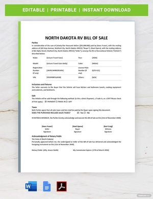 North Dakota RV Bill of Sale Template