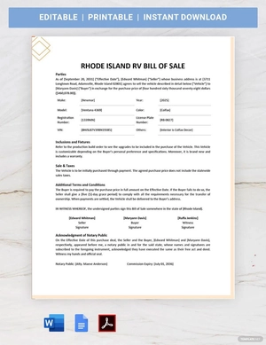 Rhode Island RV Bill of Sale Template