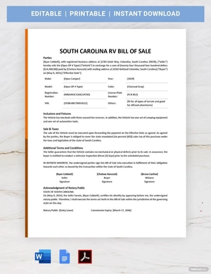South Carolina RV Bill of Sale Template