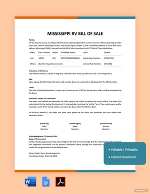 Mississippi RV Bill of Sale Template