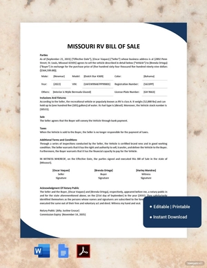 Missouri RV Bill Of Sale Template