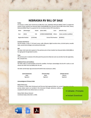 Nebraska RV Bill of Sale Template
