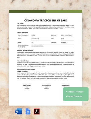 Oklahoma Tractor Bill of Sale Template