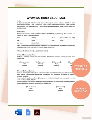 Wyoming Truck Bill Of Sale Template