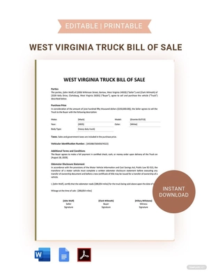 West Virginia Truck Bill Of Sale Template