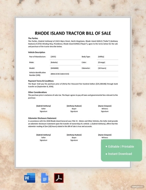Rhode Island Tractor Bill of Sale Template