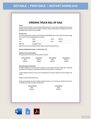 Virginia Truck Bill Of Sale Template