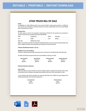 Utah Truck bill of sale Form template