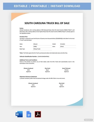 South Carolina Truck Bill Of Sale Template