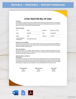 Utah Tractor Bill of Sale Template