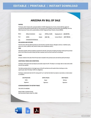 Arizona RV Bill of Sale Template