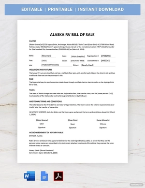 Alaska RV Bill of Sale Template