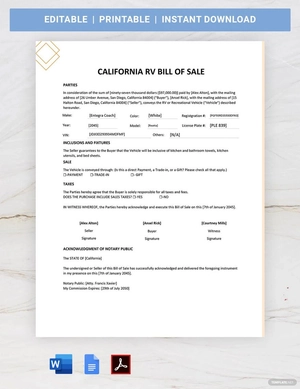 California RV Bill of Sale Template