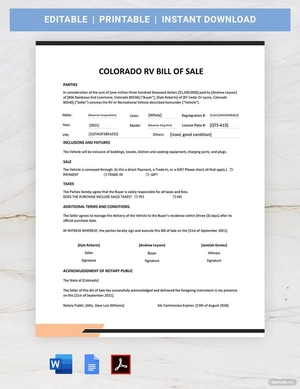 Colorado RV Bill of Sale Template