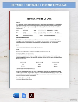 Florida RV Bill Of Sale Template