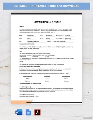 Hawaii RV Bill of Sale Template