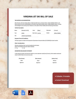 Virginia Jet Ski Bill of Sale Template